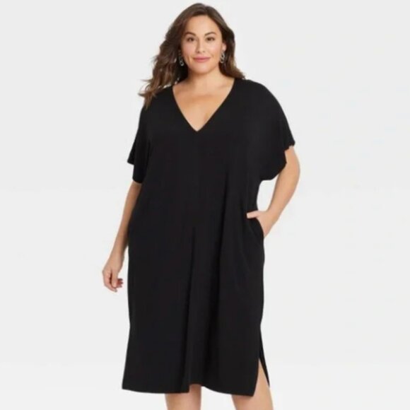 Ava + Viv Black Plunge Midi Dress - Picture 1 of 12